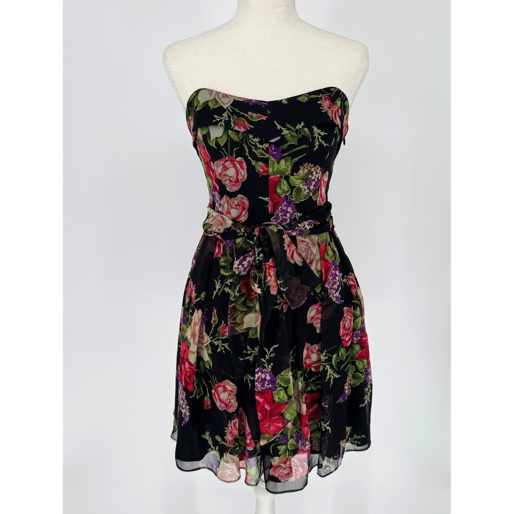 Vintage 90s Betsey Johnson Silk Mini Dress Sz 4 Strapless Floral Corset Made USA